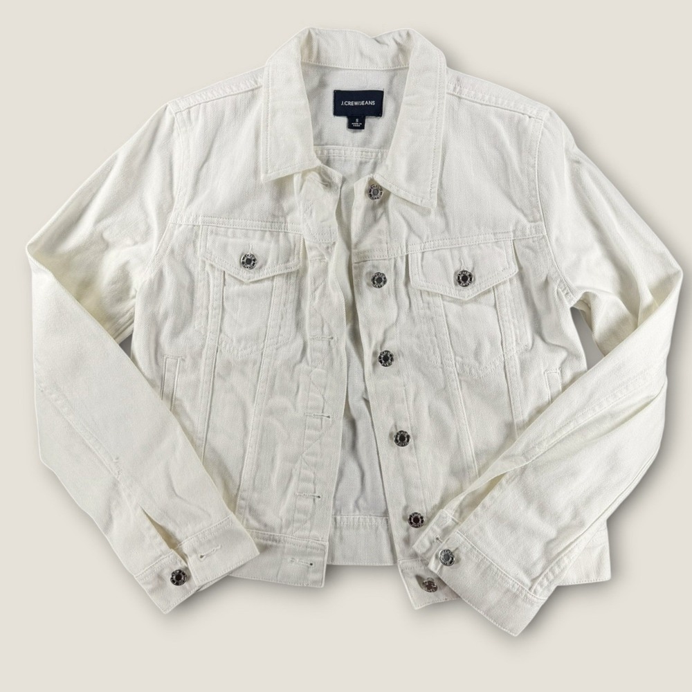 J. Crew White Denim Jacket Womens Small S 100% Cotton Trucker Jean Classic